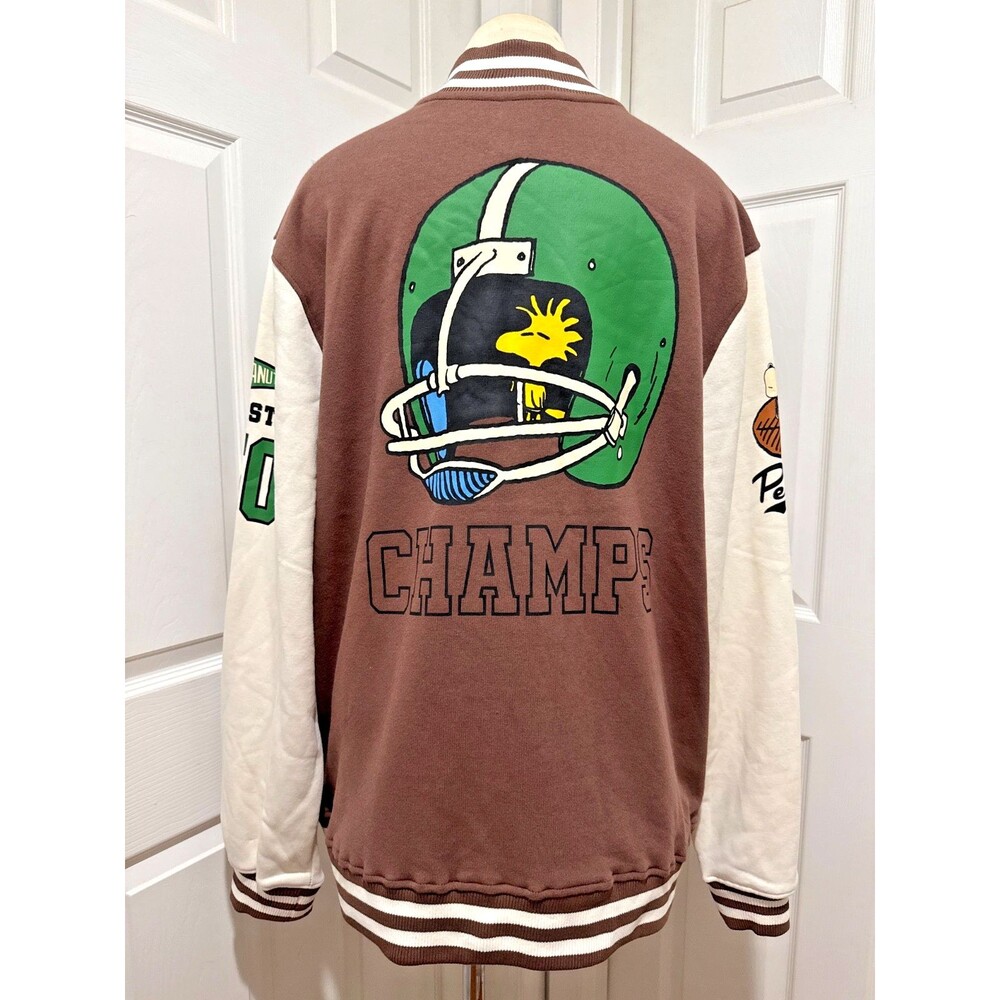 SNOOPY PEANUTS CHAMPS BOMBER JACKET SZ XXL ADULT UNISEX BROWN BEIGE FOOTBALL NWT